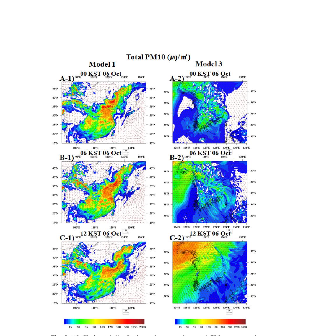 Horizontal distributions of near surface total PM10 concentration (µg m-3) simulated by Model 1 (left panels) and Model 3 (right panels) at (a) 0000 KST 06, (b) 0600 KST 06, (c) 12 KST 06, (d) 18 KST 06, (e) 00 KST 07, (f) 06 KST 07 October 2011.