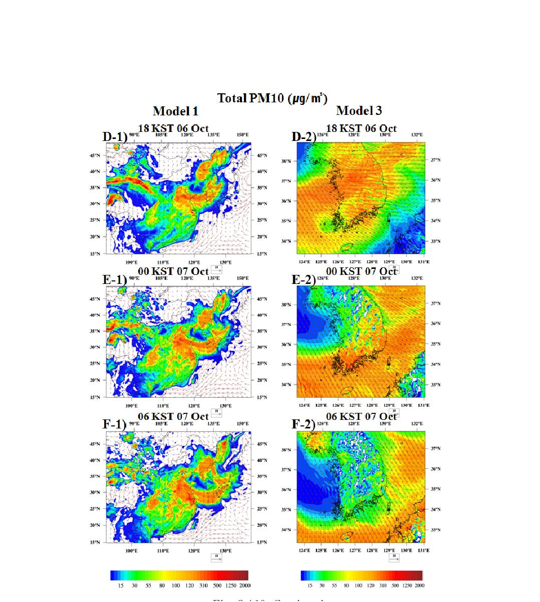 Horizontal distributions of near surface total PM10 concentration (µg m-3) simulated by Model 1 (left panels) and Model 3 (right panels) at (a) 0000 KST 06, (b) 0600 KST 06, (c) 12 KST 06, (d) 18 KST 06, (e) 00 KST 07, (f) 06 KST 07 October 2011.