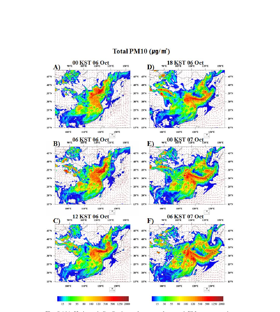 Horizontal distributions of near surface total PM10 concentration (µg m-3) using the FNL at (a) 0000 KST 06, (b) 0600 KST 06, (c) 12 KST 06, (d) 18 KST 06, (e) 00 KST 07, (f) 06 KST 07 October 2011.