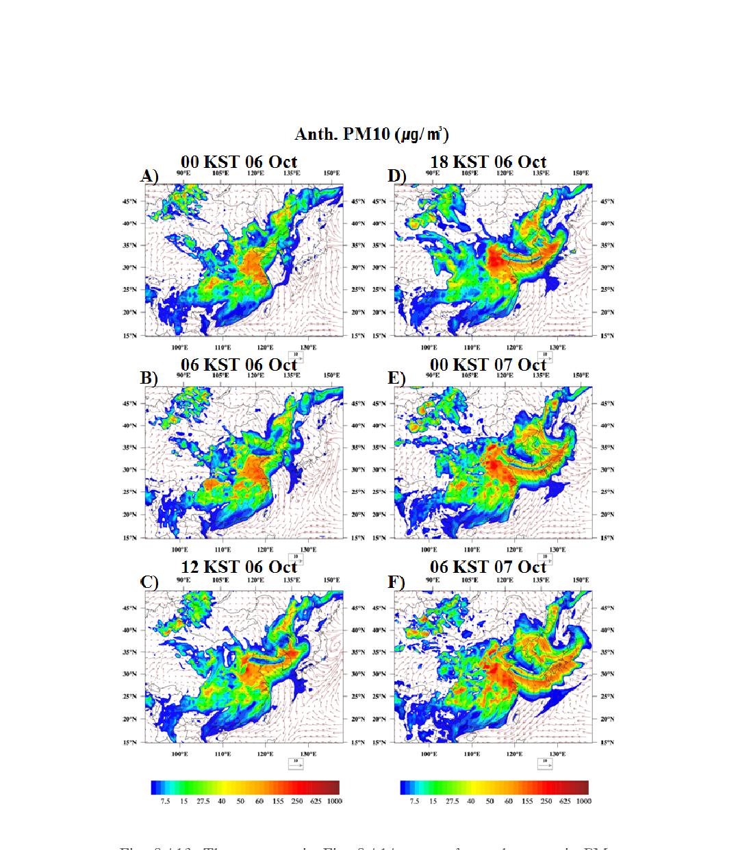 The same as in Fig. 3.4.14 except for anthropogenic PM10 concentration.