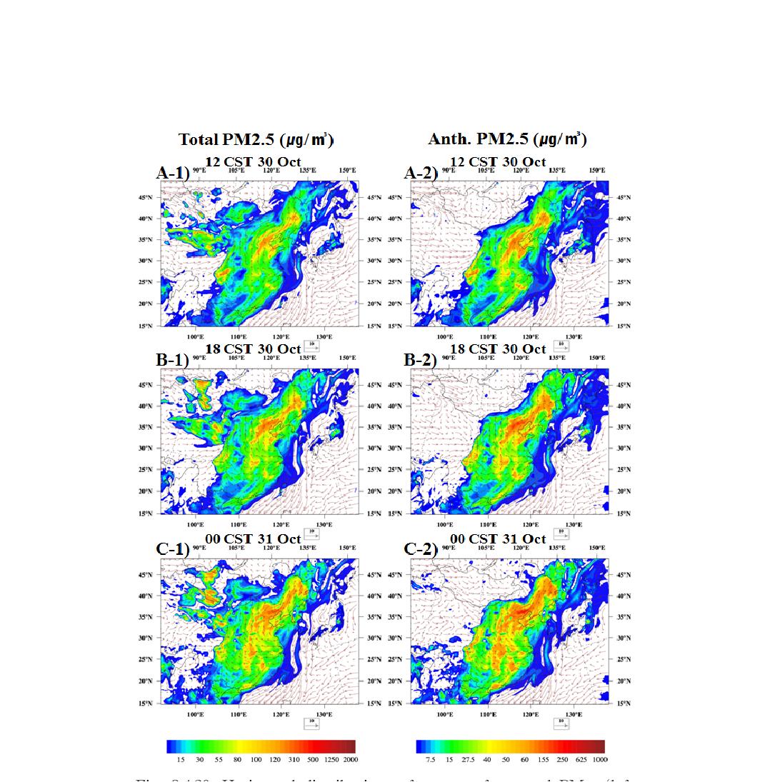 Horizontal distributions of near surface total PM2.5 (left panels) and anthropogenic PM2.5 (right panels) concentrations (µg m-3) simulated by Model 1 at (a) 1200 CST 30, (b) 1800 CST 30, (c) 0000 CST 31, (d) 0600 CST 31, (e) 1200 CST 31, (f) 1800 CST 31 October, (g) 0000 CST 1, (h) 0600 CST 1, (i) 1200 CST 1, (j) 1800 CST 1, (k) 0000 CST 2, (l) 0600 CST 2 November 2011.