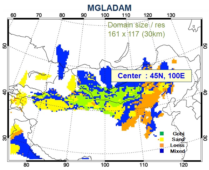 MGLADAM 모의영역과 황사발원지 정의 및 토양구분.