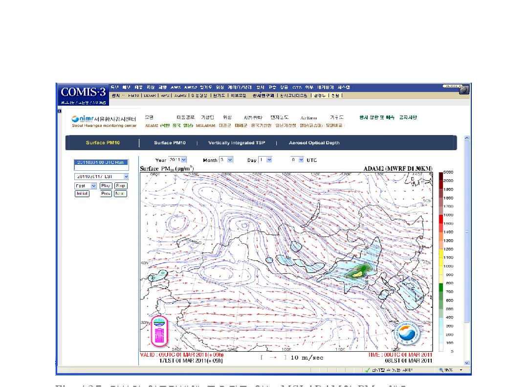 기상청 인트라넷에 표출되고 있는 MGLADAM의 PM10 예측.