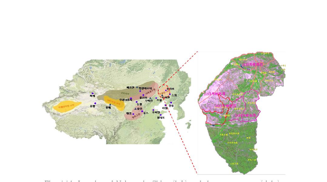 Location of Naiman in China (left) and the survey route (right).