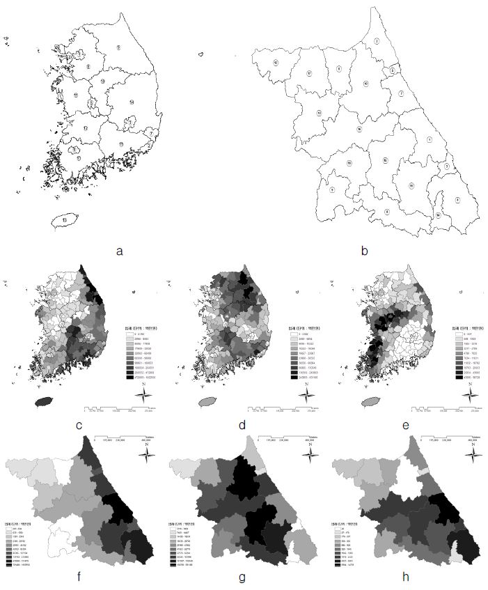 Fig. 3.1.27. Disaster damage distribution map(a:sido index, b:sigungu index, c:distribution of typhoon damage in nationwide, d:distribution of rainfall damage in nationwide, e:distribution of heavy snow damage in nationwide, f:distribution of typhoon damage in Gangwon-do, g: distribution of rainfall damage in Gangwon-do, h:distribution of heavy snow damage in Gangwon-do)