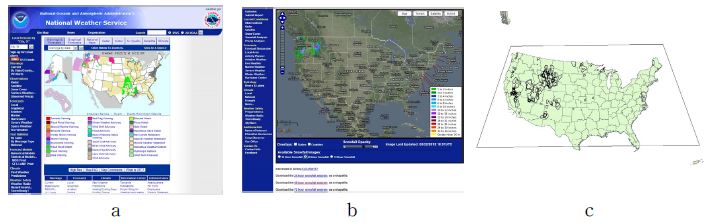 Fig. 3.1.38. GIS data provided by U.S. National Weather Service(a : Homepage of U.S. National Weather Service, b : GIS data provided about snowfa, c : Display of GIS data)