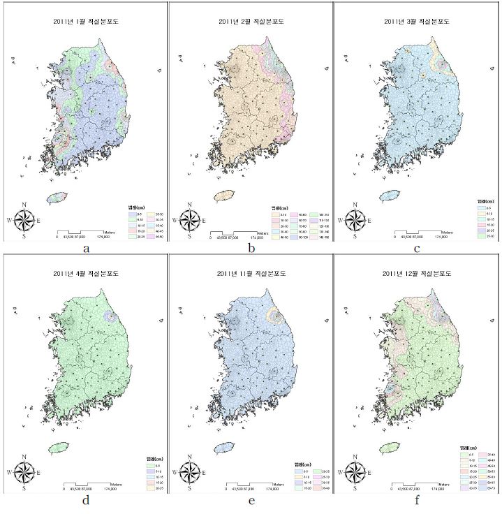 Fig. 3.1.42. Monthly snow distribution map in 2011 (a:January, b:February, c:March, d:April, e:November, f:December)