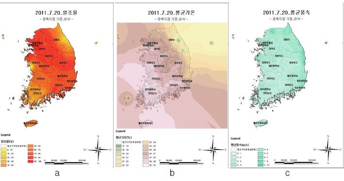 Fig. 3.1.43. Distribution Map using meteorological data(a:Map of sunshine, b:Map of temperature, c:Map of wind)