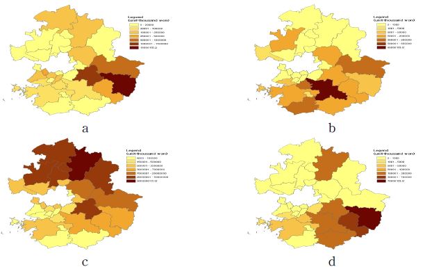 Fig. 3.1.45. Map of disaster damage(a.6.21～7.3, b.7.7～7.16, c.7.26～7.29, d.8.16)