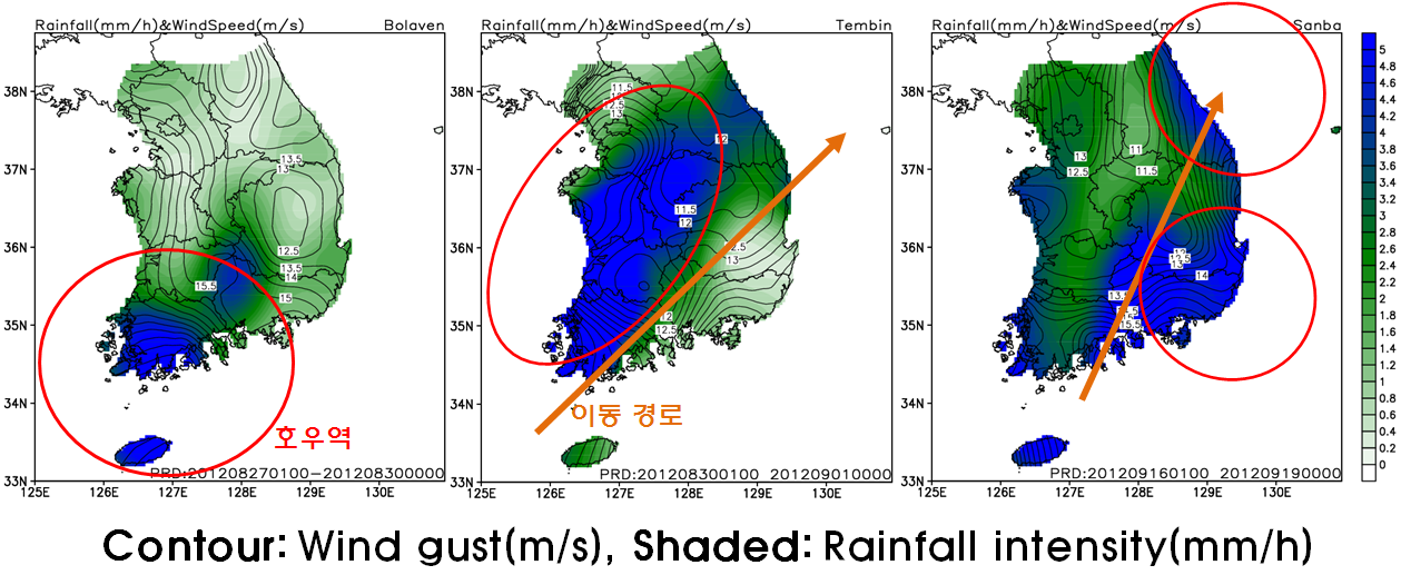 Fig. 4.2.14. Distribution of rainfall amount(shaded) and wind(contour).