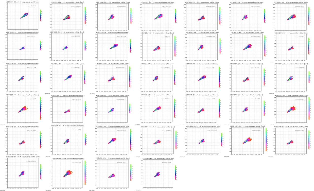 Fig. 4.3.4. The distribution of 1-h accumulated rainfall amount for each of 39 CReSS ensemble members.