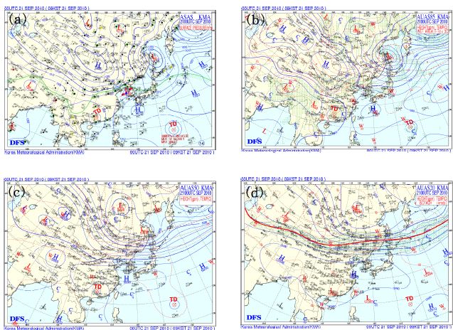 Fig. 4.4.12. (a) Surface, (b) 850 hPa, (c) 500 hPa, and (d) 200 hPa synoptic weather chart at 0000 UTC 21 September 2010.