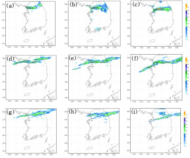 Fig. 4.4.15. Spatial distribution of 1-hour accumulated rainfall during mature stage of convection band (a,d,g for 0600, b,e,h for 0800, c,f,i for 1000 UTC 21) derived from the observation (upper panels), CReSS (middle panels) and WRF (lower panels) simulations.