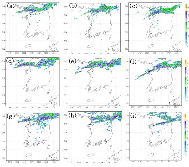 Fig. 4.4.16. Spatial distribution of reflectivity during mature stage of convection band (a,d,g for 0600, b,e,h for 0800, c,f,i for 1000 UTC 21) derived from the observation (upper panels), CReSS (middle panels) and WRF (lower panels) simulations.