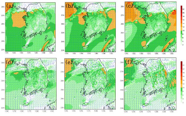 Fig. 4.4.17. Spatial distribution of wind direction and speed during mature stage of convection band(a,d for 0600, b,e for 0800, c,f for 1000 UTC 21) derived from the CReSS (upper panels) and WRF (lower panels) simulations.