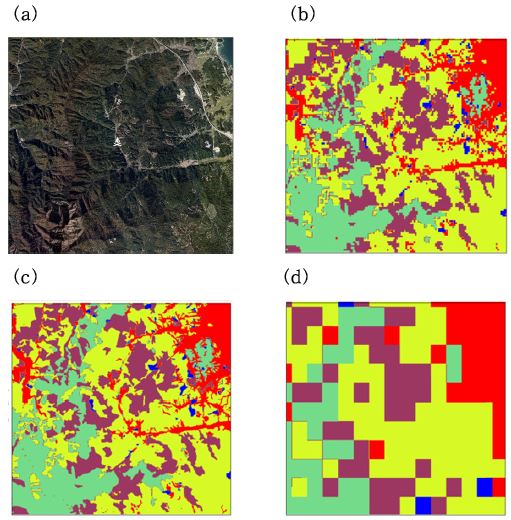 Fig. 4.5.33. (a) Focus area for this study of forest fire. The white fire shape is point source of forest fire. Fuel data of this study area (b) using 1/3' resolution, (c) using 3' resolution, (d) using 30' resolution.