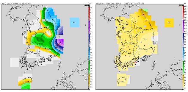 Fig. 3.1.5. The distribution of maximum depth of snow cover in surface in January 3rd 2011(left) and from 1981 to 2010(right).