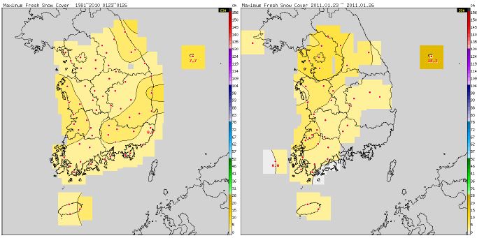 Fig. 3.1.7. Average maximum depth of fresh snow cover(cm)(left) from 1981 to 2010 and average maximum depth of fresh snow cover(cm)(right) in 2011(1.23~26.)