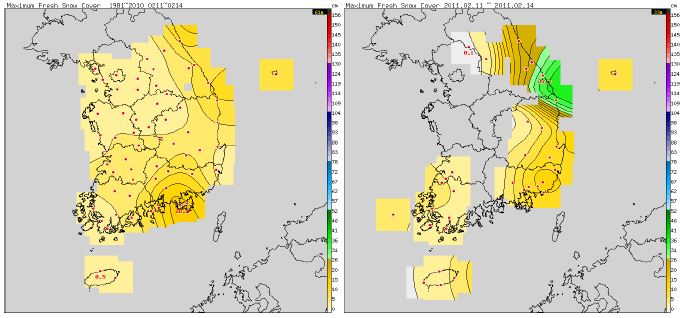 Fig. 3.1.10. Average maximum depth of fresh snow cover for 2011 and for nomal maximum depth of fresh snow cover in February 11th~14th.