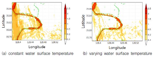 Fig. 4.1.6. Diurnal averaged effect region assessed by criterion of meteorological factors (air temperature, mixing ratio, wind speed) from WRF model results with and without variation of water surface temperature December 6, 2009.