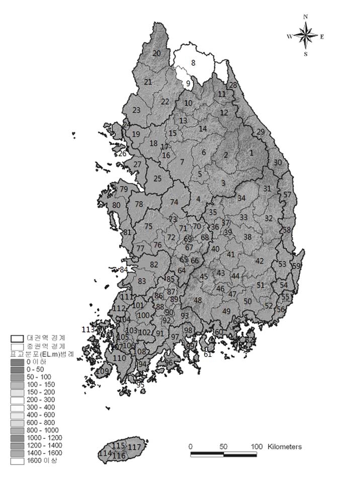 Fig. 7.2.1. Elevation map with the basin number of 117 mid-watersheds specified by the Ministry of Land, Transport and Maritime affairs.