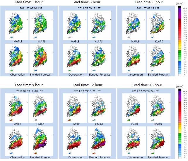 Fig. 7.3.4. The evolution of MAPLE, KLAPS, AWS and blending precipitation started from 09 LST 9 July 2011.