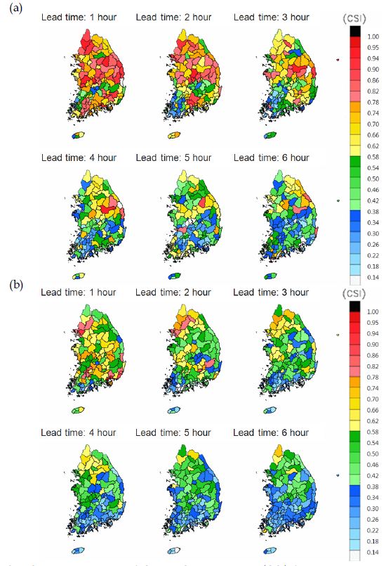 Fig. 7.3.5. Spatial distribution of Critical Success Index (CSI) for 117 mid-watersheds in the summer of 2011.: (a) June, (b) July, and (c) August.