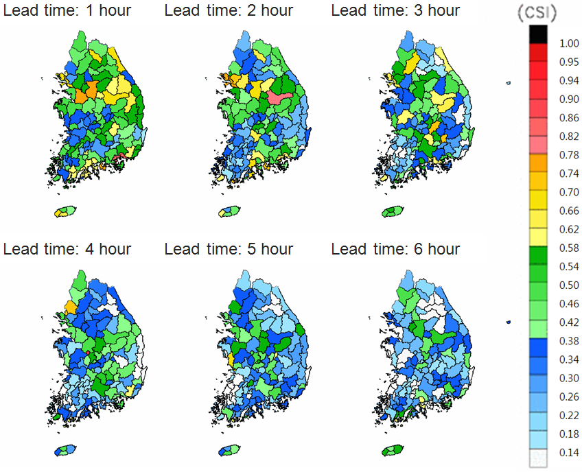 Fig. 7.3.5. Spatial distribution of Critical Success Index (CSI) for 117 mid-watersheds in the summer of 2011.: (a) June, (b) July, and (c) August.