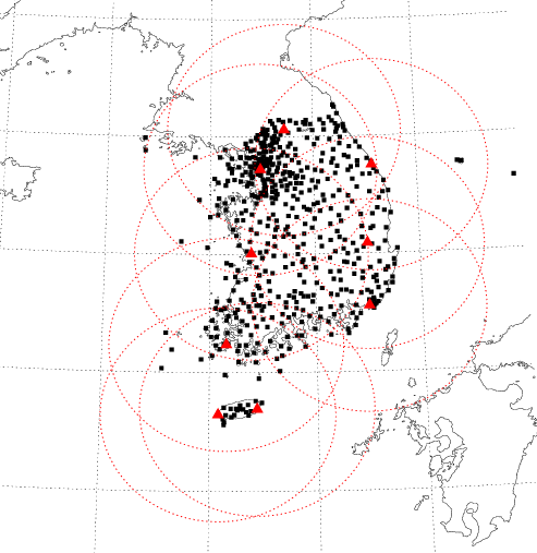 Fig. 8.2.1. Locations of the rain gauges (black square) and radars (red triangle) in south Korea. The red dashed line denotes the coverage (≤ 200 km) of the each radar.