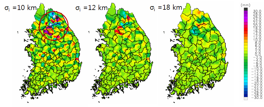 Fig. 8.3.4. The differences between two rainfall fields (Rσ=15km - Rσ=σi) on Jul. 9, 2009.