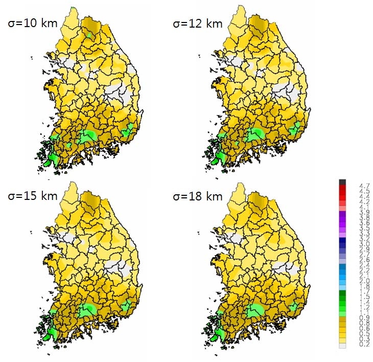 Fig. 8.3.7. Distributions of spatial correction factor (F) with weight factor (σ) on Jul. 11, 2009.