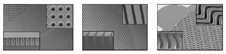 그림 4-24. There are three different perforated micro-structure detector designs, from left to right, circular hole, straight trench, and sinusoidal trench.