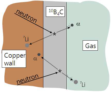 그림 4-17. 중성자가 B과 반응하여 생성된 알파 및 7Li이 아이온 챔버에 전달되는 과정