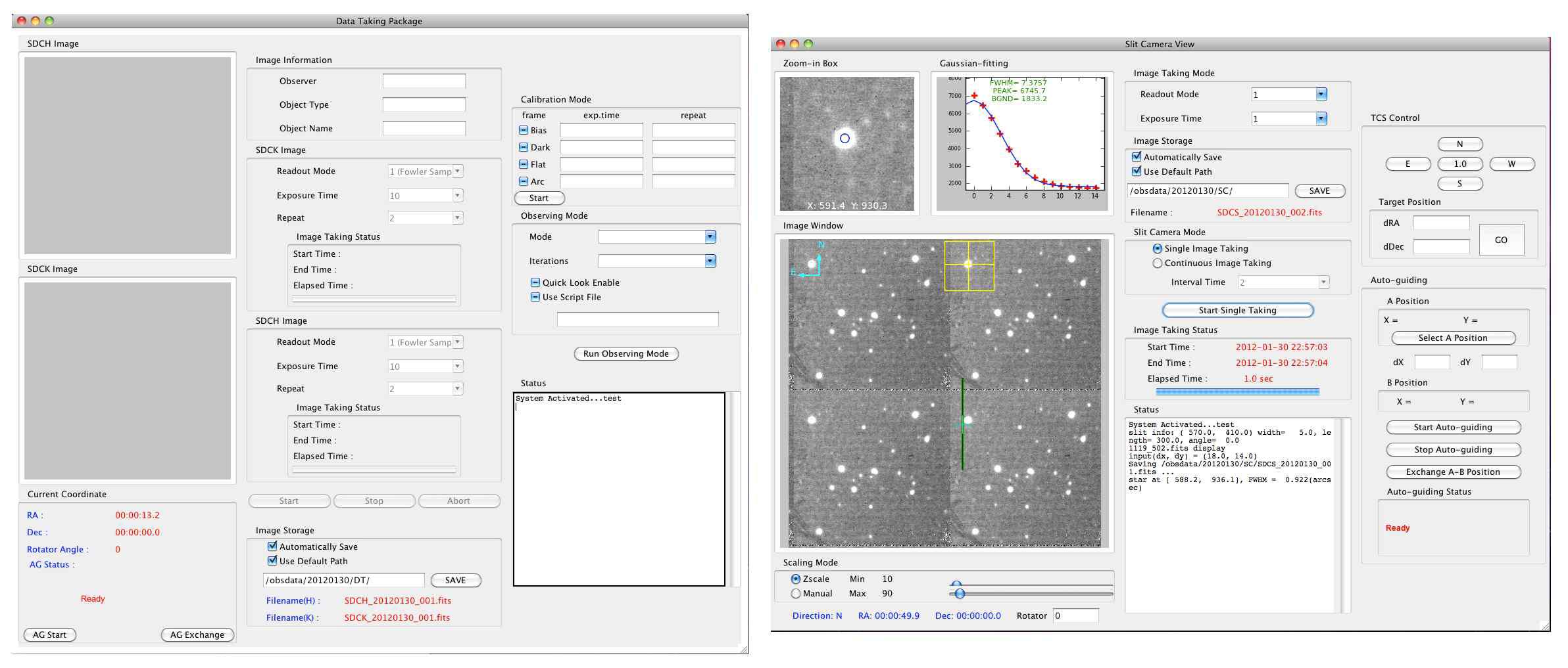 Data Taking Package와 Slit Camera Package의 GUI