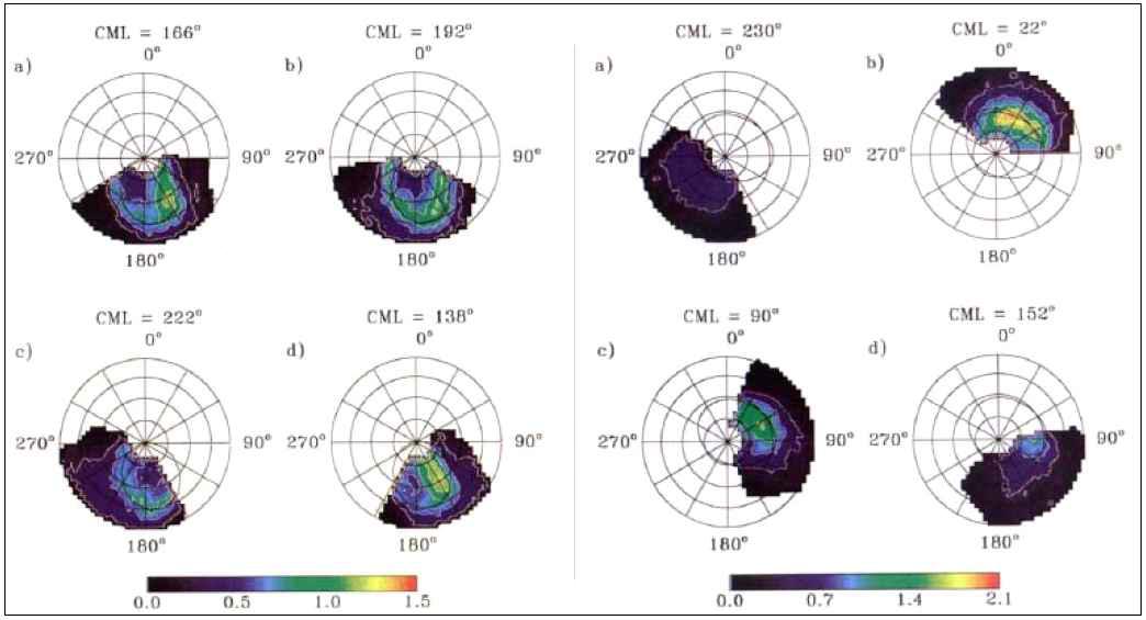 3 ㎛ 영역에서 관측된 목성 극지방의 H3 + 방출선을 이용하여 만든 영상. (좌) 목 성 북극 지방 (우) 목성 남극 지방