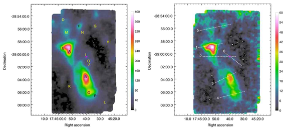 그림 33 Total velocity-integrated intensity maps of the NH3 (3, 3) (left) and (6, 6) (right) lines. The unit of the false color image is K km s?1 and is included as a bar on the right side of each map. The letters in the left panel are the peak emission positions for the identified clouds, and the lines in the right panel are cuts for the position- velocity map. Sgr A* is shown by the magenta plus sign