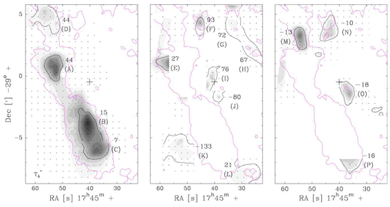 그림 34 Clouds identified by Gaussian decomposition. Boundaries of the half-power (HP) emission are shown as black contours for each cloud component. The numbers above the cloud identification are the averaged velocities within the HP contours. The small dots in the background are the positions where the map was made. The magenta contour line is for the 10 K km s-1 level of the NH3 (6, 6) total integrated intensity map of Figure 1 (right). Sgr A* is shown with a plus sign.