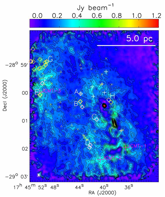 그림 35 The SMA+JCMT 0.86 mm continuum image with a free-free model subtracted (color and contour). The angular resolution of this image is θmaj × θmin = ?15.1″×4.2″. Contour spacings are 3σ starting at 3σ (σ = 24 mJy beam-1). Yellow crosses are the 1720 MHz OH masers. Yellow triangles are the compact, either thermal or low-gain masing 1612 MHz OH line sources. Pink diamonds are the 36.2 GHz Class I CH3OH masers. Yellow diamonds are the 44.1 GHz Class I CH3OH masers. White Crosses and diamonds are the 22 GHz water masers and the 44.1 GHz CH3OH masers. Note the symbol size is not representative to the spatial uncertainty. The regions associated with CH3OH masers are labeled by A-H