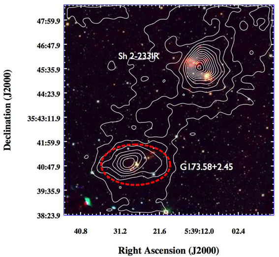 그림 36 The ARO 12CO(J=3-2) intensity integrated map over the velocity range -40 - 0 km s-1, overlaid on the composed near-infrared color image. The contour lines start from 32 K km s-1 and increase with a step of 16.0 K km s-1. The ellipse in red dashed line indicates the boundary of the G173.58+2.45 cloud identified with CO observations