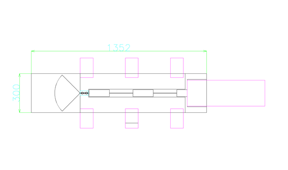 그림 24. 3 um 두께의 SOI 기판을 이용하여 설계된 230 GHz 대역의 초 전도 믹서 칩(길이 단위: um). 좌측으로부터 프로브 안테나, 접합 배열 (junction array), RF choke, IF beam lead임. side beam은 규칙적으로 상 하로 배열되어 있어 RF 그라운드와 정렬에 이용됨