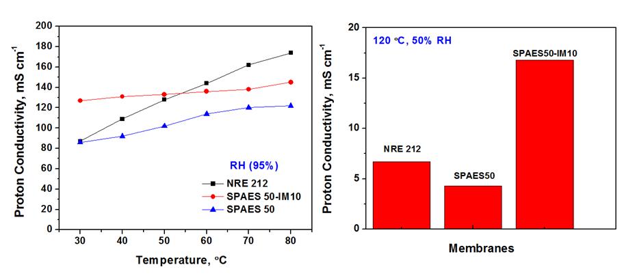 가습조건에서의 온도에 따른 수소이온전도도 및 (b) 120oC, 50%RH 수소이온전도도