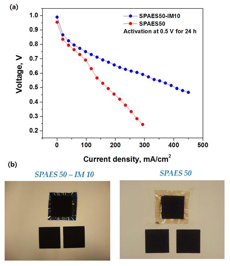 120oC, 상대습도 50%에서의 SPAES50-IM10과 SPAES50의 IV-Curve (b) 단위전지 성능 평가 후 MEA 사진.