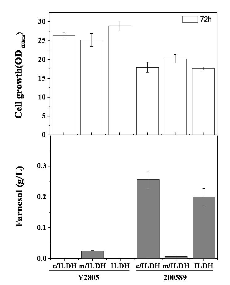 S.cerevisiae Y2805및 ATCC200589균주에서 NADH kinase (Pos5) 발현이 farnesol 생산성에 미치는 영향