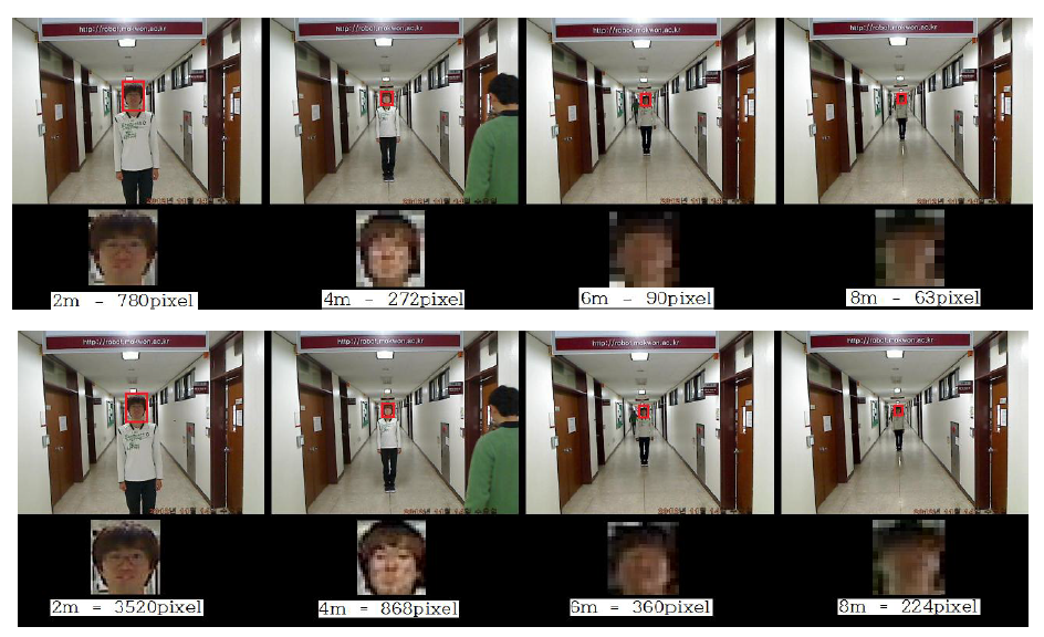 Facial Feature analysis regarding camera distance and image resolution (upper: 320x240, lower:640x480)