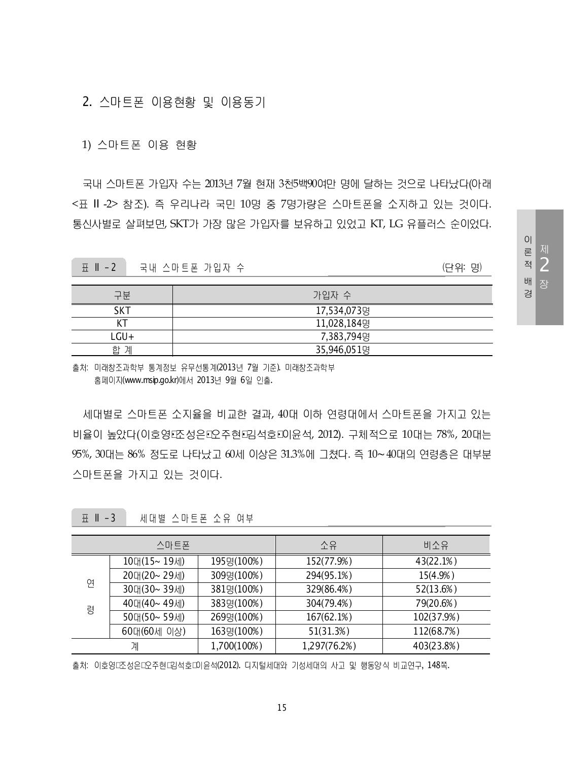 참조). 즉 우리나라 국민 10명 중 7명가량은 스마트폰을 소지하고 있는 것이다. 통신사별로 살펴보면, SKT가 가장 많은 가입자를 보유하고 있었고 KT, LG 유플러스 순이었다.