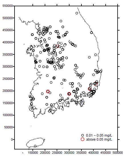 지하수수질측정망 2001-2008년 기간의 비소함량 0.01 mg/L 초과 발생분포