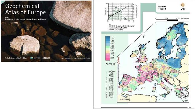 유럽 지구화학도 책자표지와 지표토양내 비소함량 분포도