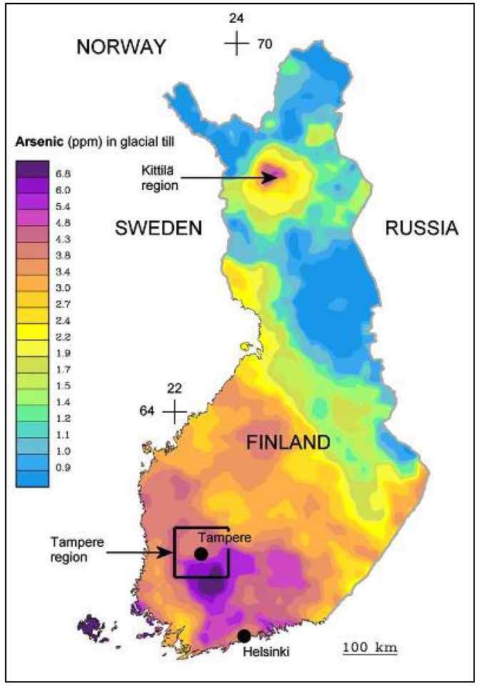 핀란드 빙하성 퇴적토내 비소함량분포