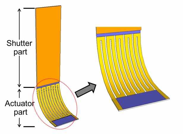 그림 8. 열구동 방식으로 디자인된 actuator part와 meander type 디자인