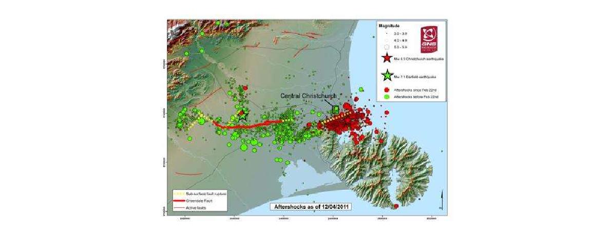 2010년 다필드 지진에 수반된 여진의 분포 (from GNS).